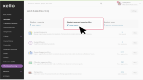 The Work-based learning page in Xello. The card called Student-sourced opportunities is highlighted and the cursor is clicking to open the list of opportunities found by students.